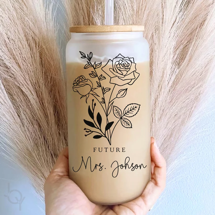 

Personalized Coffee Cup Transparent Glass Coffee Cup Iced Coffee Glass Cup with Lid Straw Bridal Shower Gift Engagement Gift