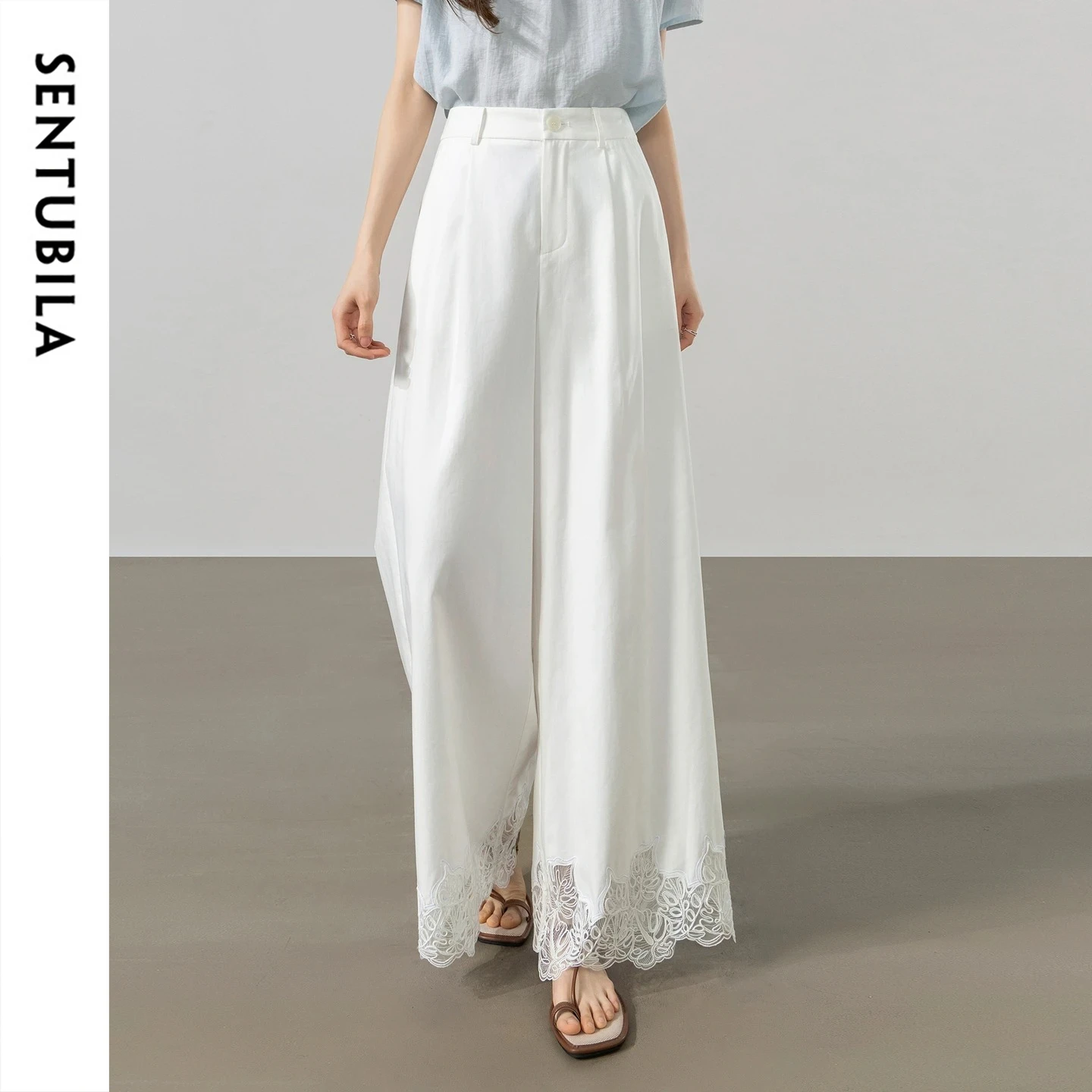 SENTUBILA White Elegant Commute High Waist Wide Leg Pants Ladies 2026 Summer Embossed Lace Hem Loose Casual Trousers 162KD7054