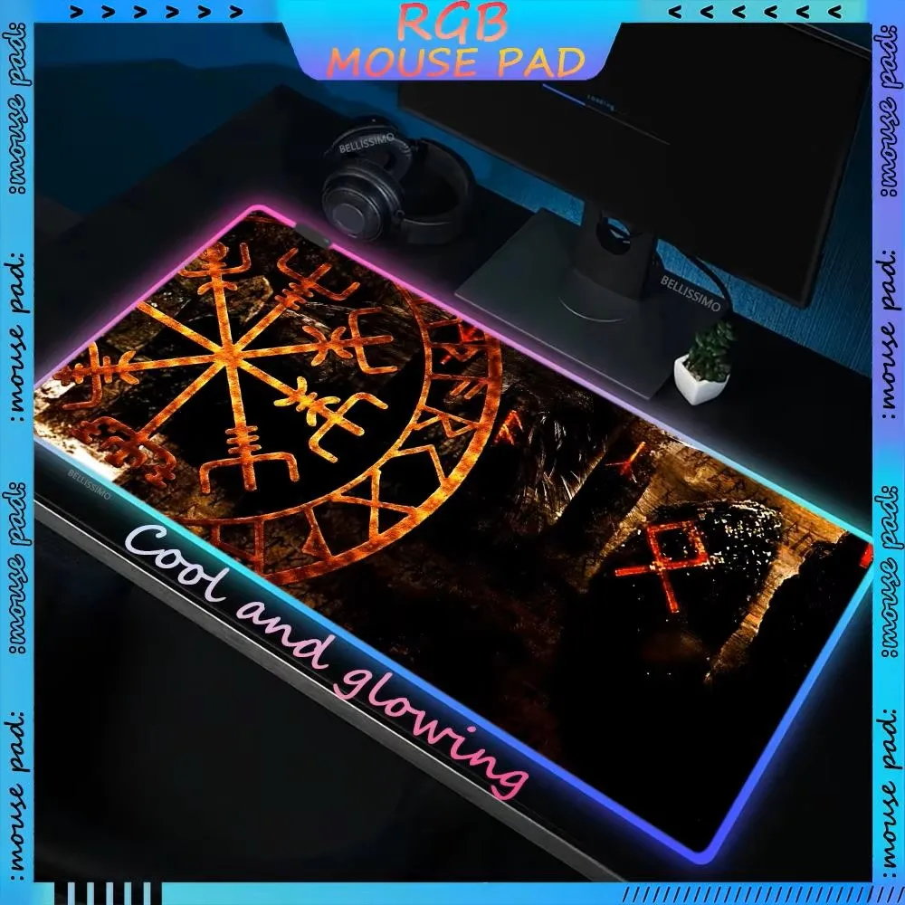 

RGB Viking-Vegvisir Compass Amulet Large XXL MousePad LED Gamer Accessories Rubber Anime Keyboard Pad DeskMat Luminous Mouse Pad