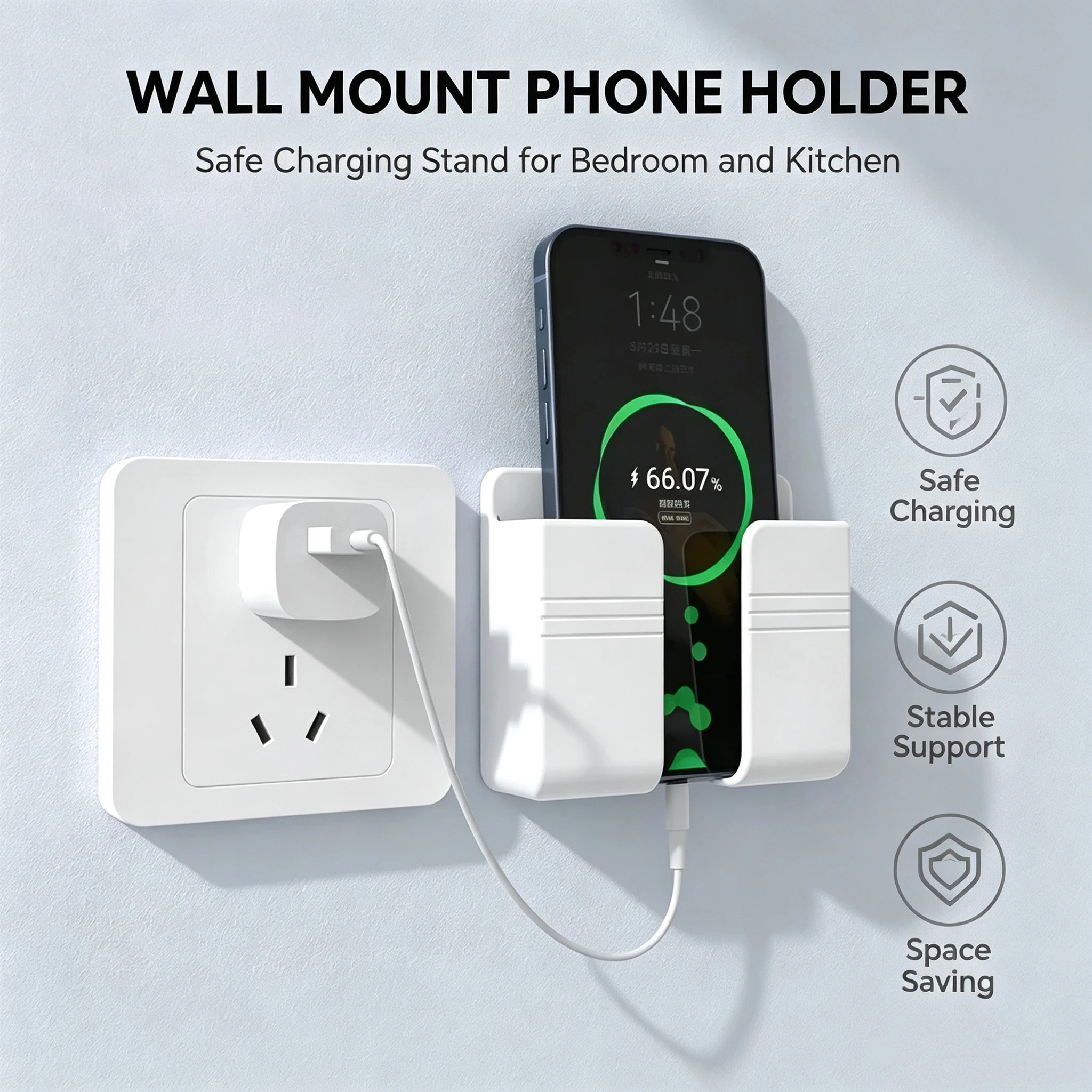 Punch‑Free Wall Mount Phone Holder Sticky Wall Charging Stand Multi‑Purpose Storage Bracket for Phone Remote Control