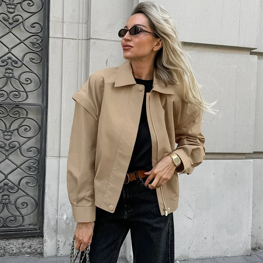 

KIDCRKJ French Style Loose Women Bomber Coat Khaki Lapel Collar Button Female Outwear Lpring Desinged Pilot Jacket For Lady