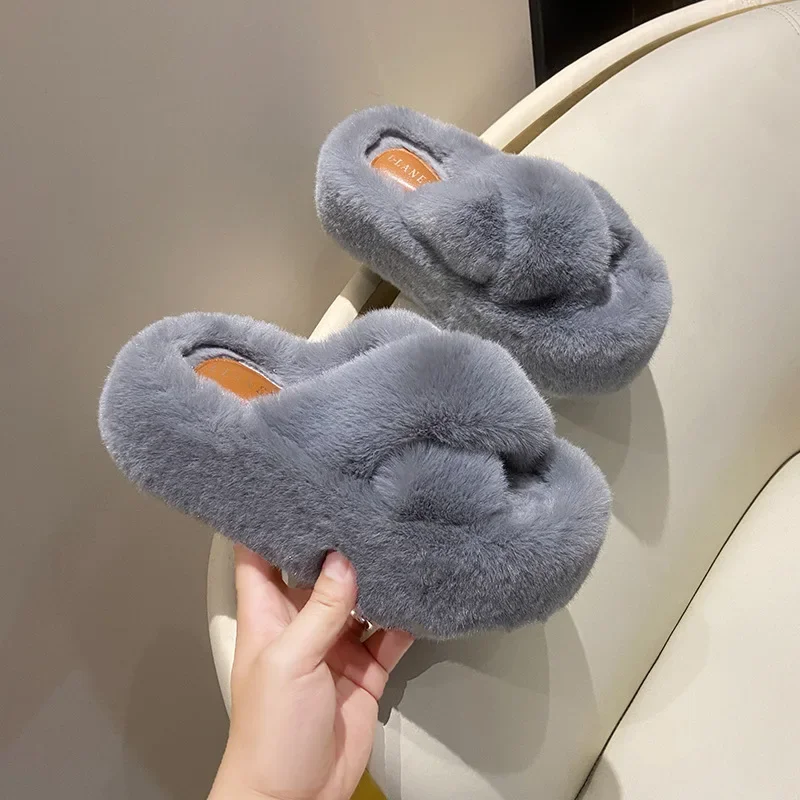 Winter Women Home Indoor Casual Fuzzy Slippers Flip Flops Fluffy Fur Cross Thick Sole Slides Outdoor Ladies Soft Plush Slippers