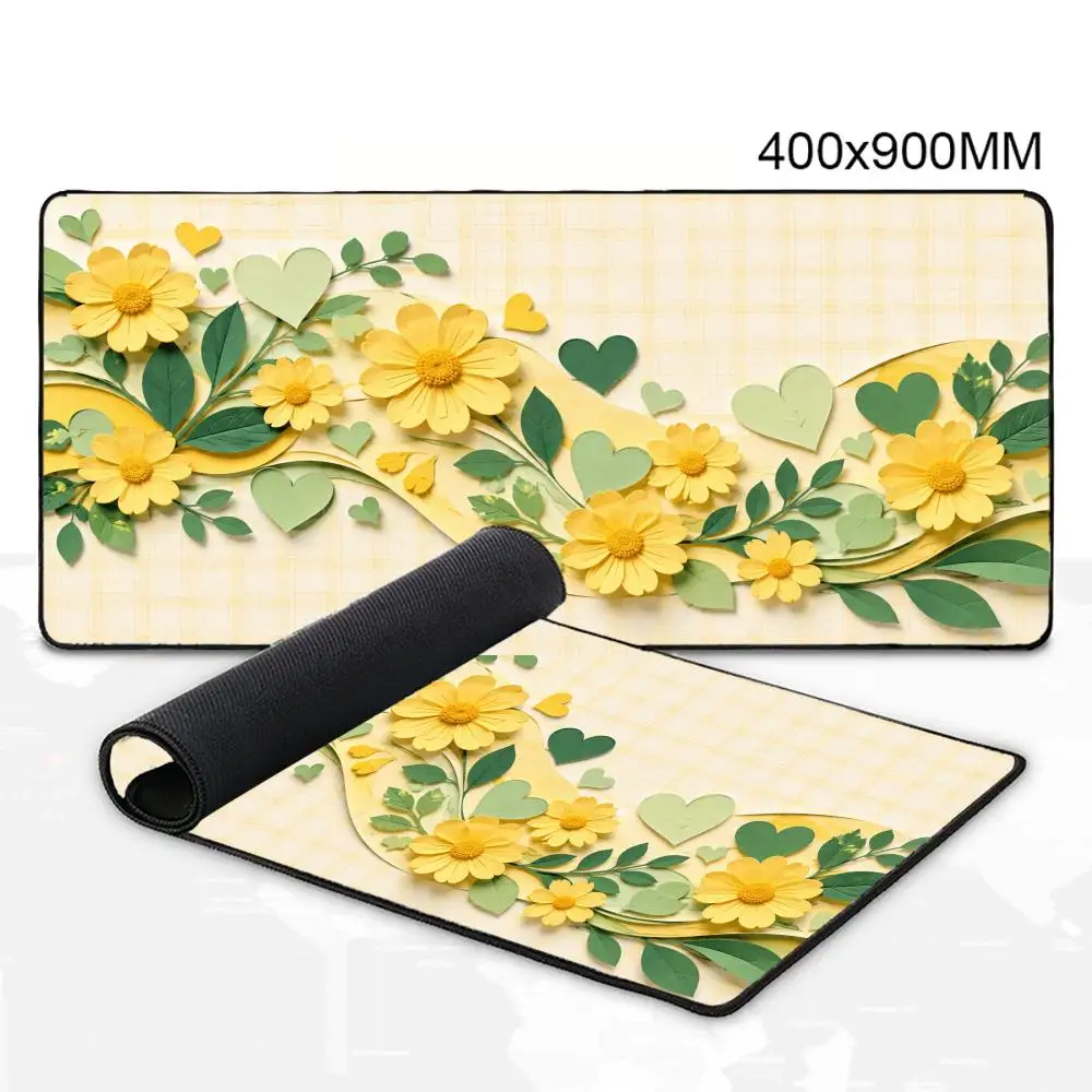 Aesthetic Floral Large Desk Mat Papercraft Yellow Daisy Heart Design Mousepad Cute Green Leaves Keyboard Pad for Home Office Use