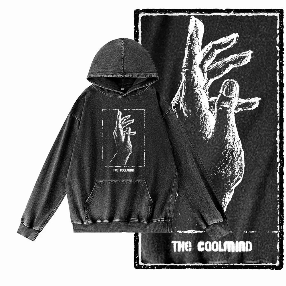G19 Acid Washed Black Cotton Men's Cool COOLMIND  Graphic Hoodies |  Streetwear Big Size O-neck men's Hoodie