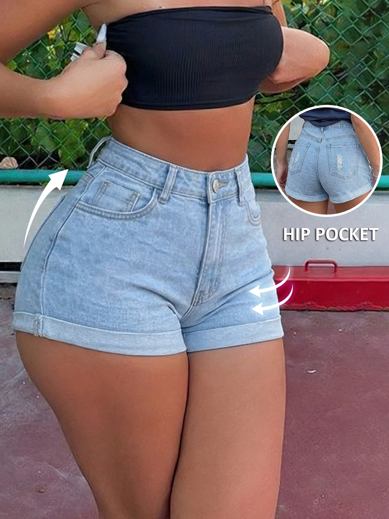 Women's Standard Size High Waist Light Stone Wash Denim Shorts Slight Stretch Rolled Hem Distressed Back Pocket Jean Shorts