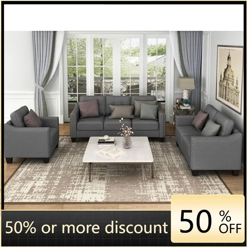 Living room furniture set with modern style button down plush sofa, including 3 sofas, 1 double seat, and 1 armchair