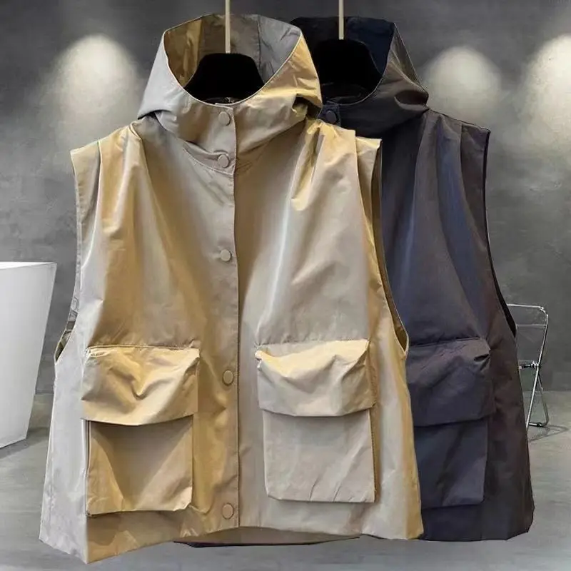 Hooded Couple Model Solid Color Outer Vest Men's Autumn Korean Version Trendy Tooling Pocket Outer Vest Trendy Brand Loose
