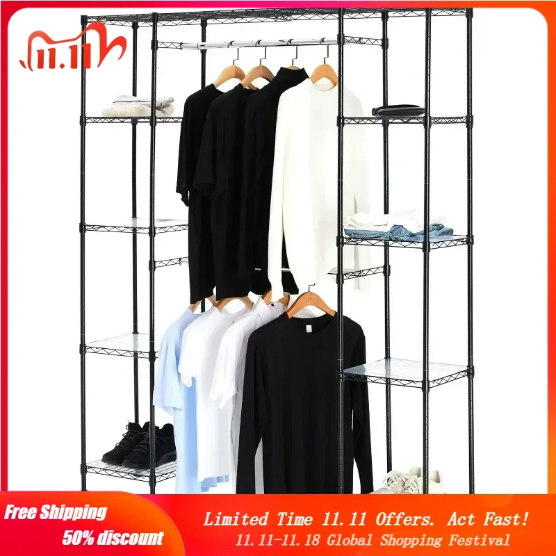 

Expandable Metal Hanging Storage Organizer Rack Wardrobe with Shelves, Black, 57''- 80''L x 14''W x 72''H