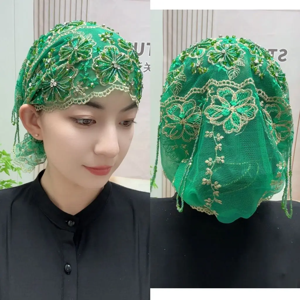 Luxury Women's Black Hijabs Mesh Fabric Bead Hat with Diamond Double Layer Embroidered All-match Shawl Hats Gorgeous Party
