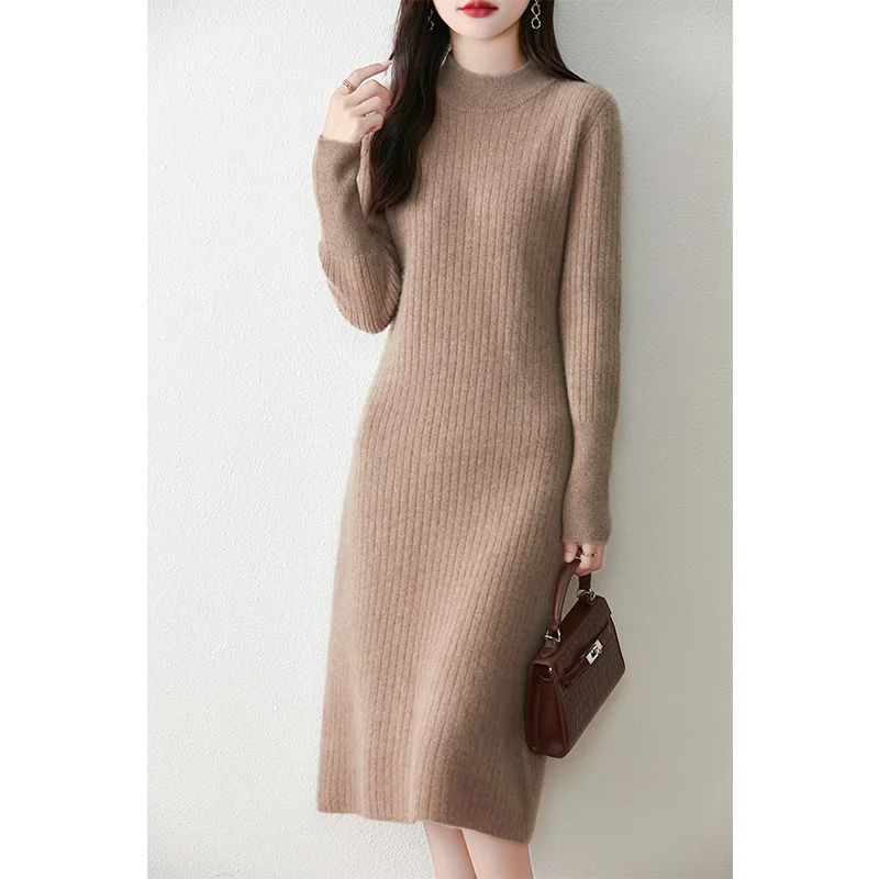 Autumn Winter Women 100% Merino Wool Dress Half turtleneck Long Sleeve Warm Luxury Fashion Long Skirt Solid Color Knitted Dress