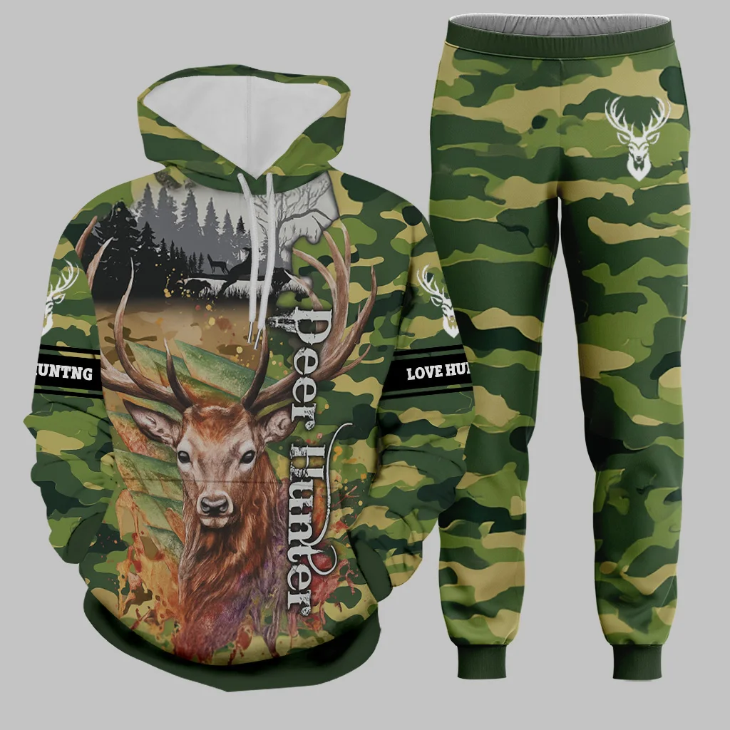 

Men's Hunting Season Hoodie Set Elk 3D Printed Casual Hoodie Pullover Two-Piece Set Fashion Trend Street Casual Sports Suit