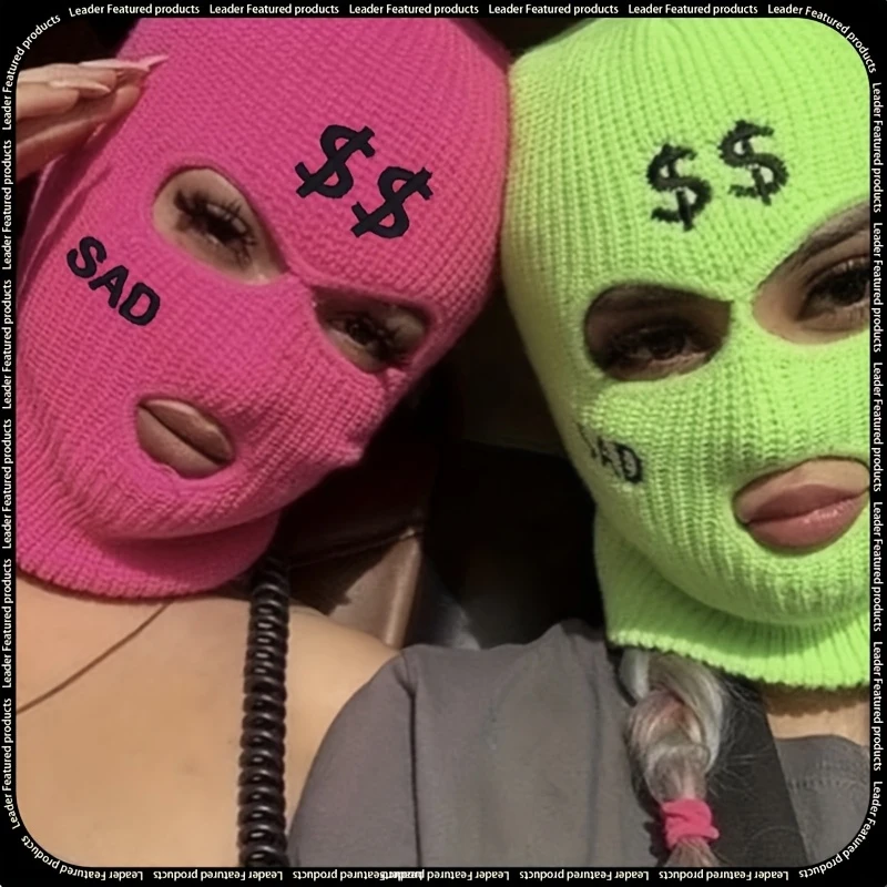Dollar Embroidery Balaclava Cap Solid Color Men And Women Knit Beanie Winter Cycling Riding Face Mask Made of Acrylic Material