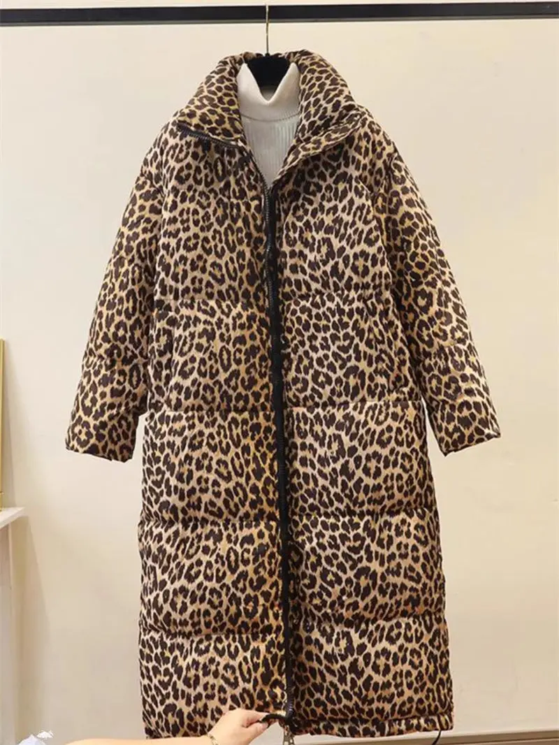 Winter Women\'s down jacket 2024 Trendy Simple Casual Stand Collar Zipper Large Size Cotton Padded Long Leopard Coat Outwear A236