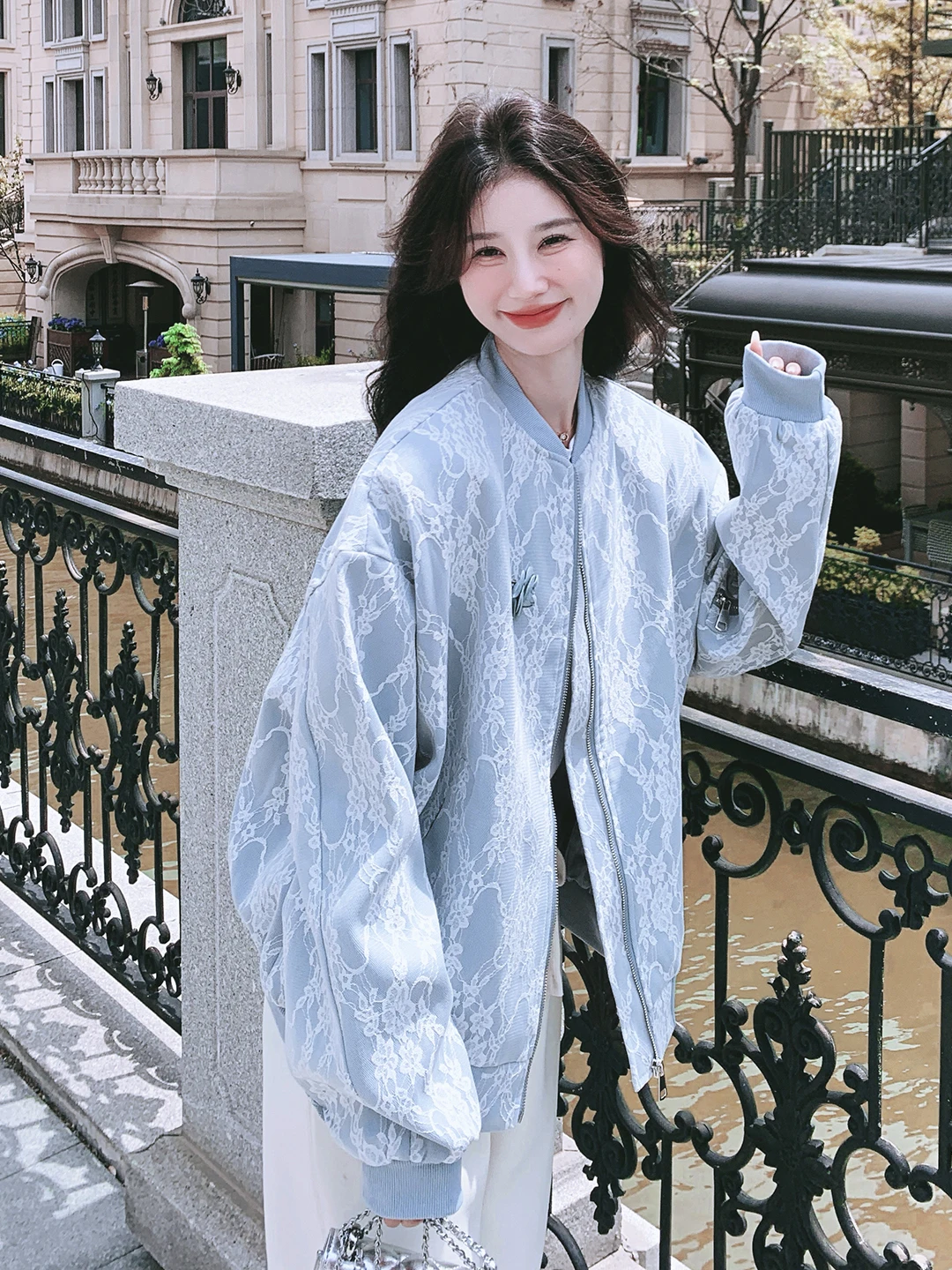 Blue Lace Splice Baseball Jaet Women's Casual Sle ort Coat Autumn New Arrival Small Size High-End Feeling Ladies Top