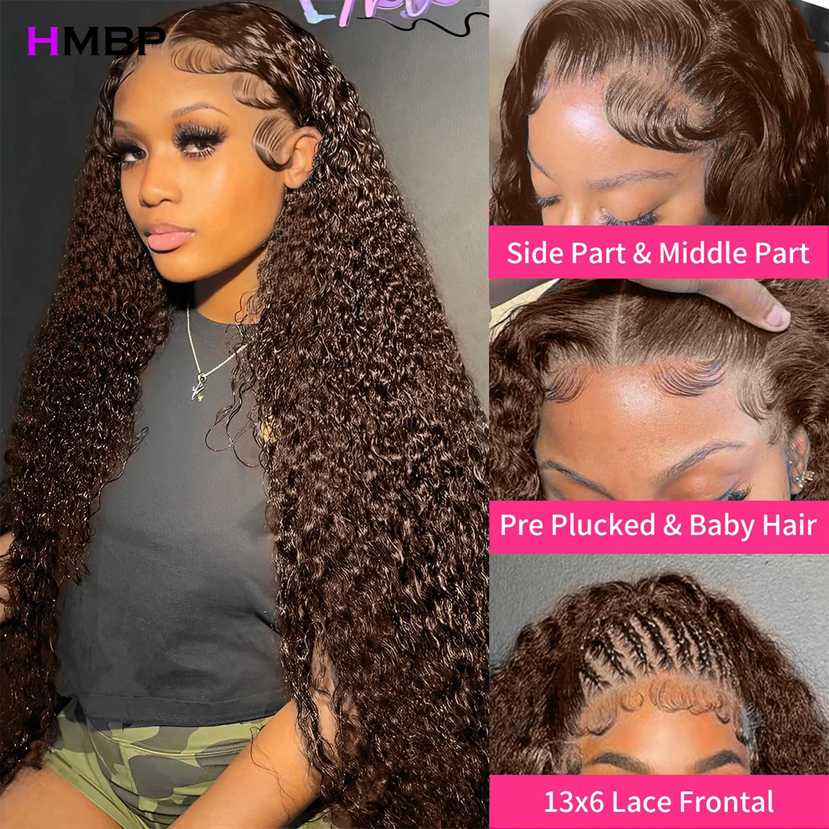 Peruca Frontal De Renda Castanho Chocolate, Afro Kinky Curly Perucas, Cabelo Humano Glueless, Pronto para Vestir, HD, 500 Densidade, 13x6