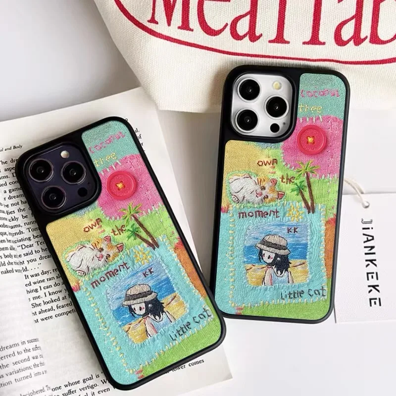 Ins Summer Splicing Beach Cat Girl Electroplated Frame Shockproof Chic Phone Case for IPhone 16 15 14 13 Pro Max Back Cover Capa