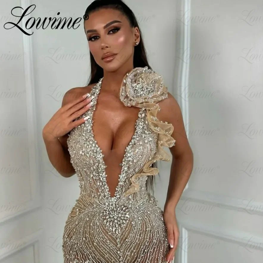 Champagne Mermaid Evening Dresses Sequined Beads Stone Aso Ebi Dress For Women Prom Dress Long Crystals Halter Party Gowns Robes