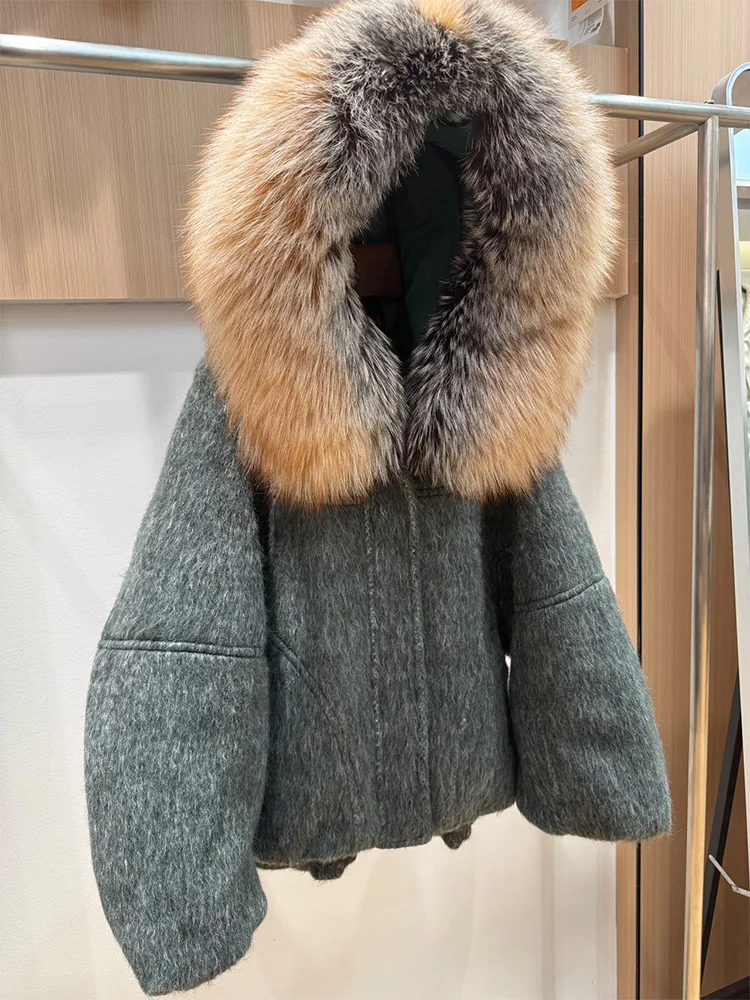Women Warm Winter Wool Woolen Jackets  Real Fox Fur Collar Hooded Goose Down JacketThick Female Outwear Coat Puffer Jacket