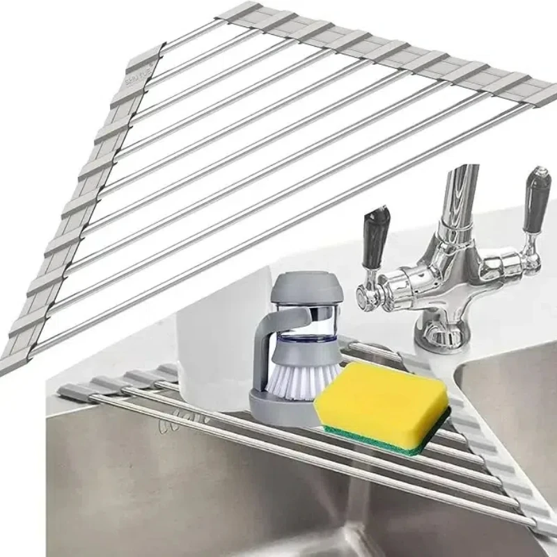 Triangle Dish Drying Rack for Sink Corner Roll Up Folding Stainless Steel Multipurpose Over The Sink Dish Drainer Mat Kitchen