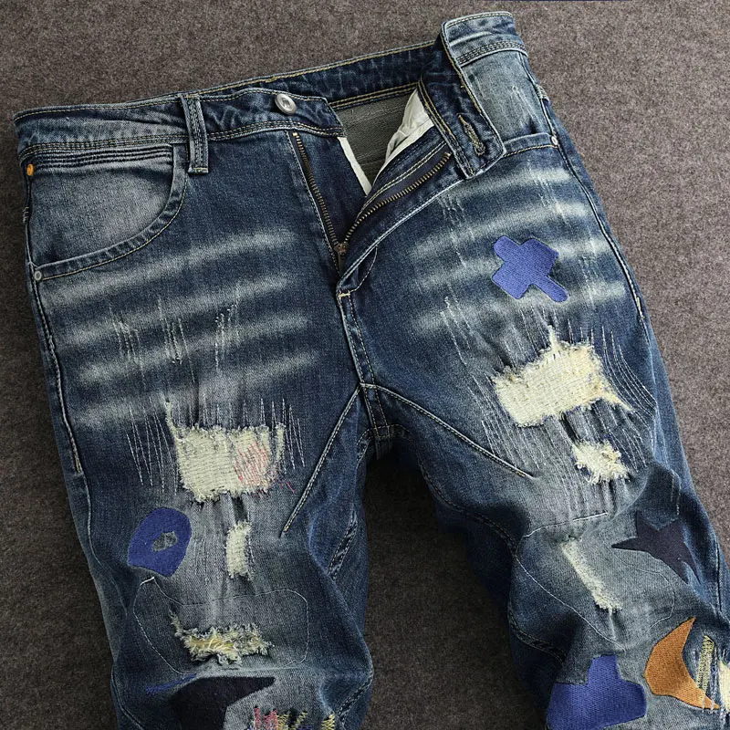 

Fashionable new men's jeans,Y2K painted elastic slim fit, nostalgic retro washed blue jeans, designer Italian style pants, hombr