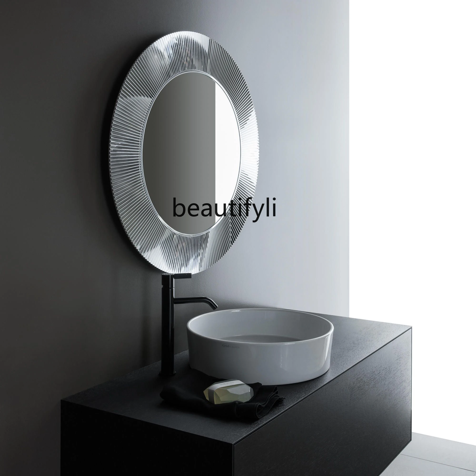 Round Wall Hanging Bathroom Mirror Creative Art Wash Basin Makeup Mirror with Light Pleated Design Decorative Mirror