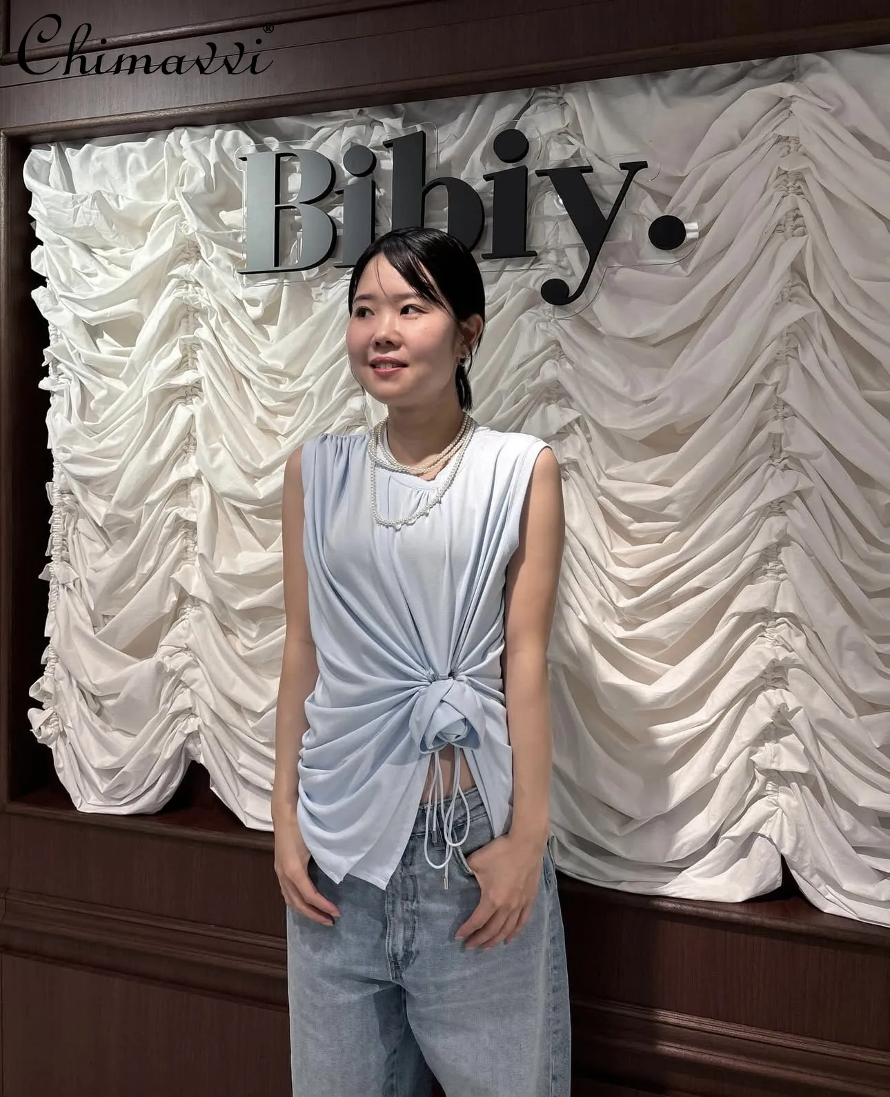 

Japanese Sweet Girls Sleeveless Pleated Rose Top Spring Summer New Fashion Round Neck Slim Temperament Women's Vest Tanks