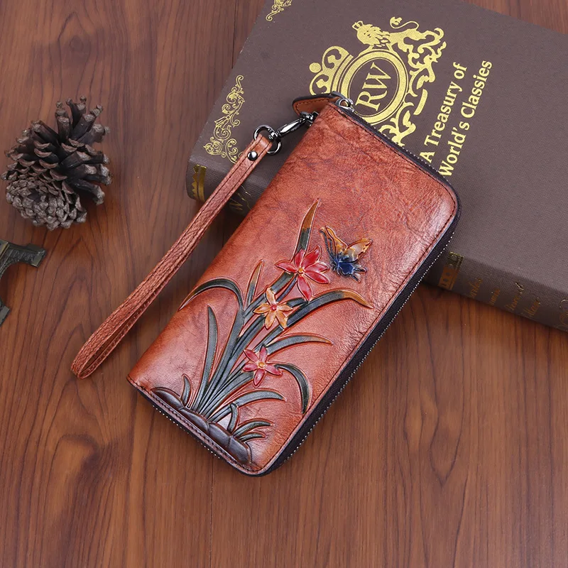 Top layer cowhide bag, retro style, multi-slot long wallet, embossed large-capacity mobile phone storage wallet