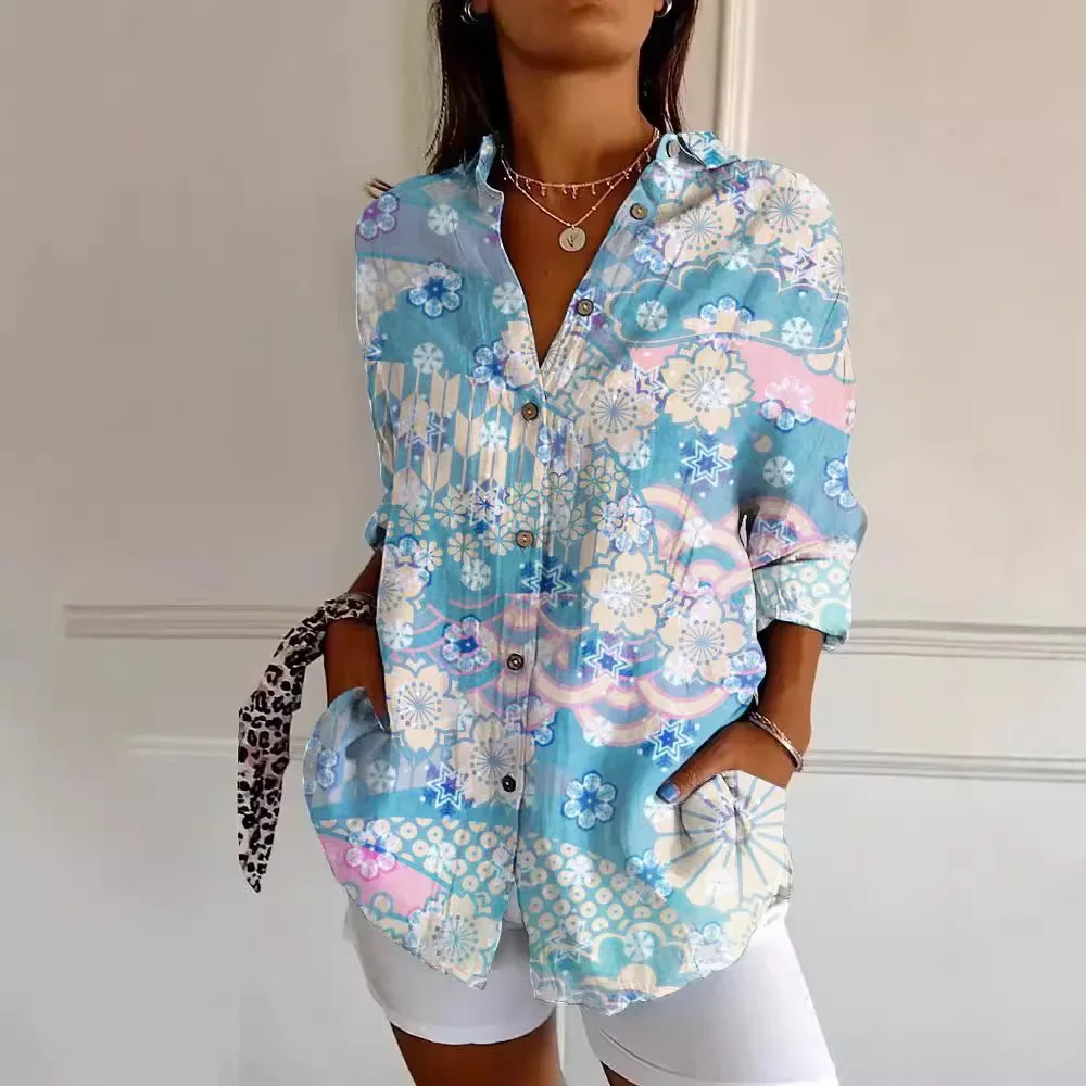 2024 New Women\'s Shirt Summer European and American Trendy Long Sleeve Shirt Printed 3D Shirt Flower Pattern