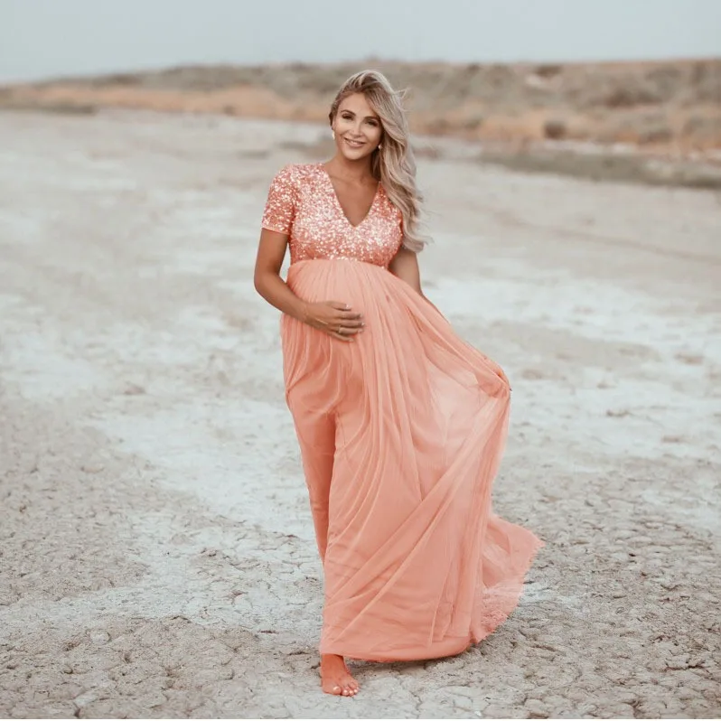Dress for Pregnant Women Maternity Photoshoot Pregnancy Short-sleeved Round-neck Photography Long Dress Clothing Clothes - view 2