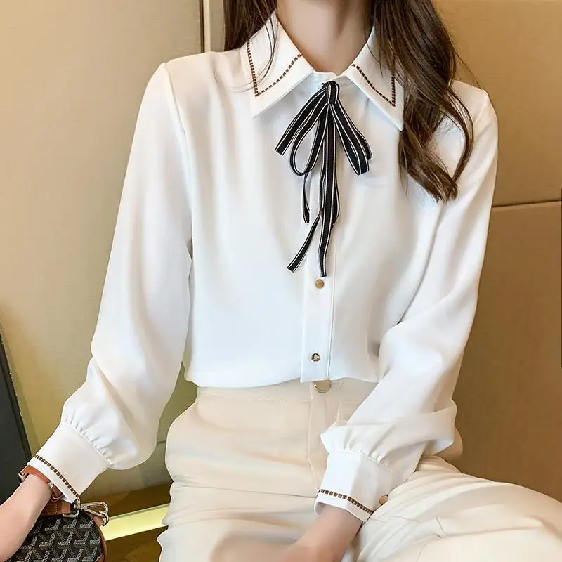 Autumn New Cute Bow Korean College Shirt Female Long Sleeve Lapel Casual Women Harajuku Uniform Single-breasted Blouse Loose Top