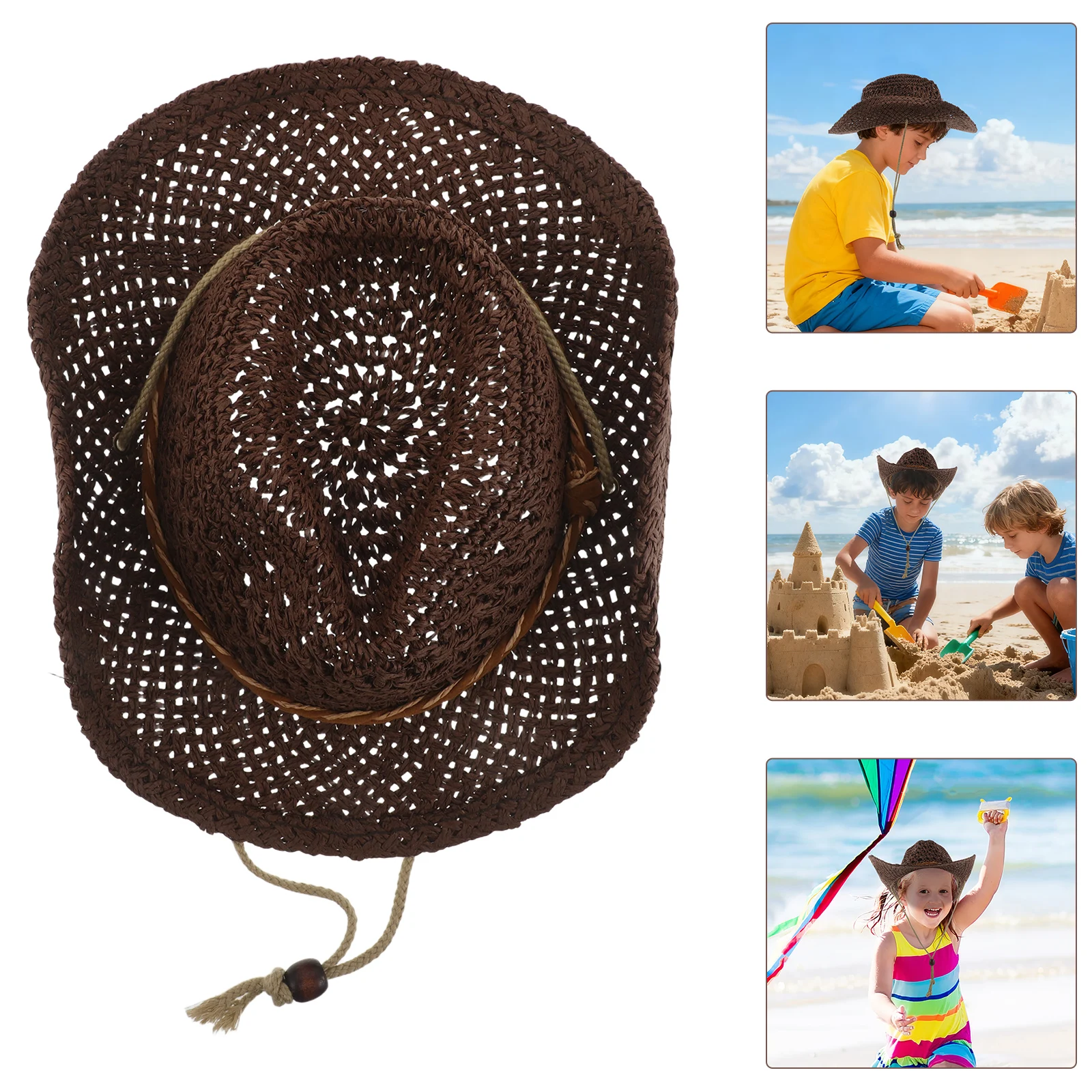 

Child Straw Hat Chin Strap Cowboy Children's Sun Travel Protection Beach Sun Play Hats Kids Dark Brown Protection for Kids