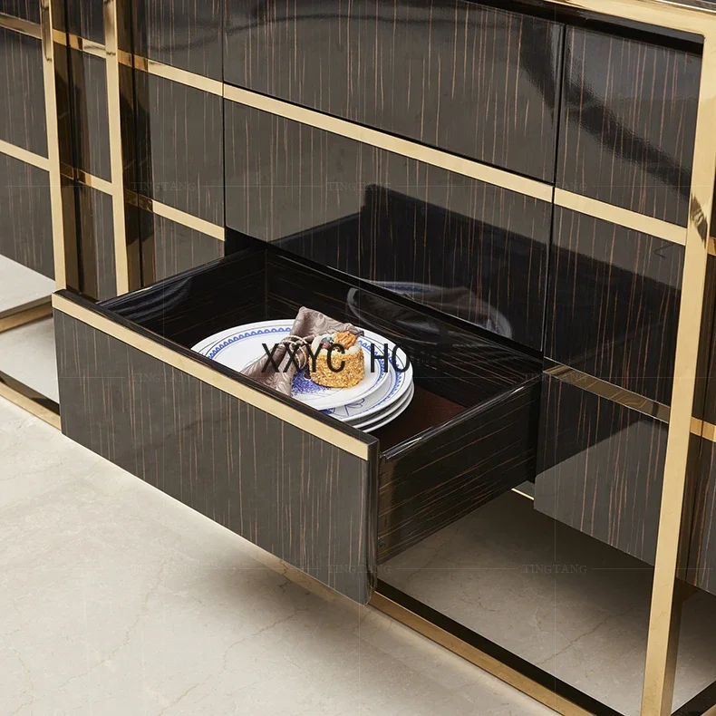 خزانة جانبية بلون الشمبانيا الذهبي والفولاذ المقاوم للصدأ والأبنوس وخزانة مطعم الضيوف وغرفة نموذجية تخصيص مجموعة كاملة من الأثاث