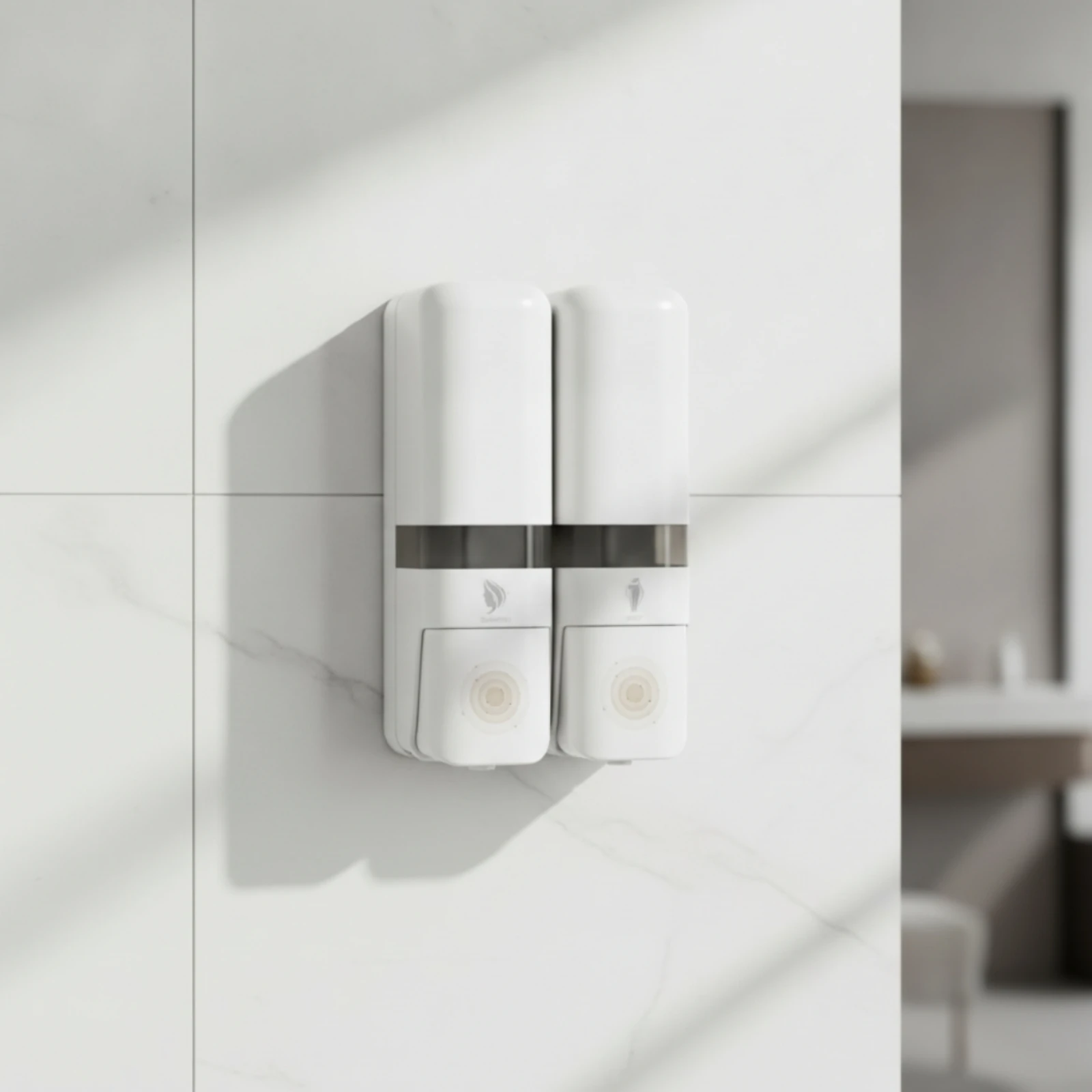 Wall-Mounted Dispenser with Two-Chamber Chambers Adhesive Shampoo and Body Wash Dispenser Easy to Install No Drill for Bathroom