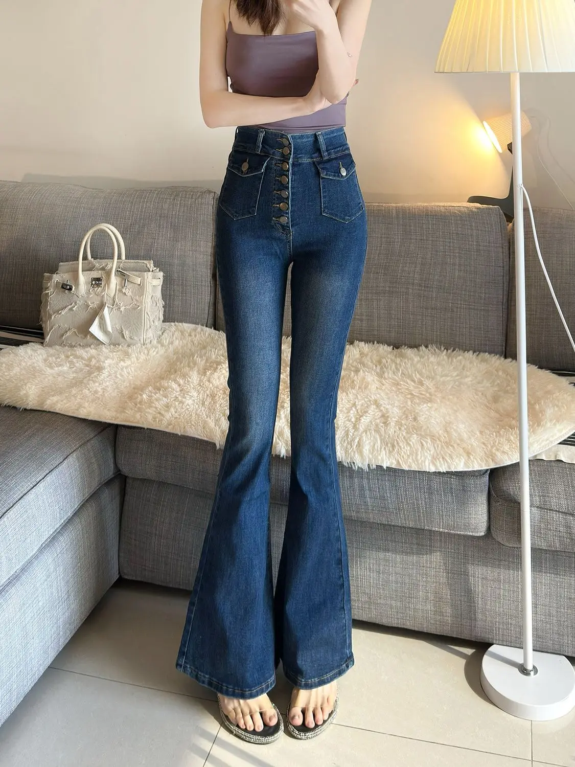 Denim Flared Pants for Women High Waist Shot Skinny Bell Bottom Trousers with Pockets Slim Fit Womens Flare Jeans Cool Aesthetic