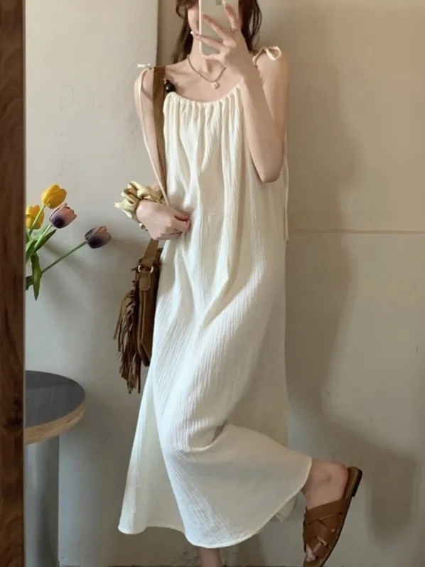 New Chinese Sle Summer 2025 Women's Long Dr Vaion Vibes Strap Design Gentle Tie Waist H-aped Korean Version Loose W...