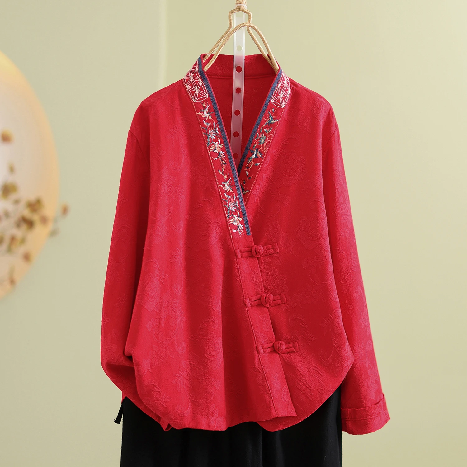 Retro Sle Oversized Women's Cotton Linen Embroidered irt Jaet Long Sve V-Ne Autumn Tea Ceremony Top Large Size