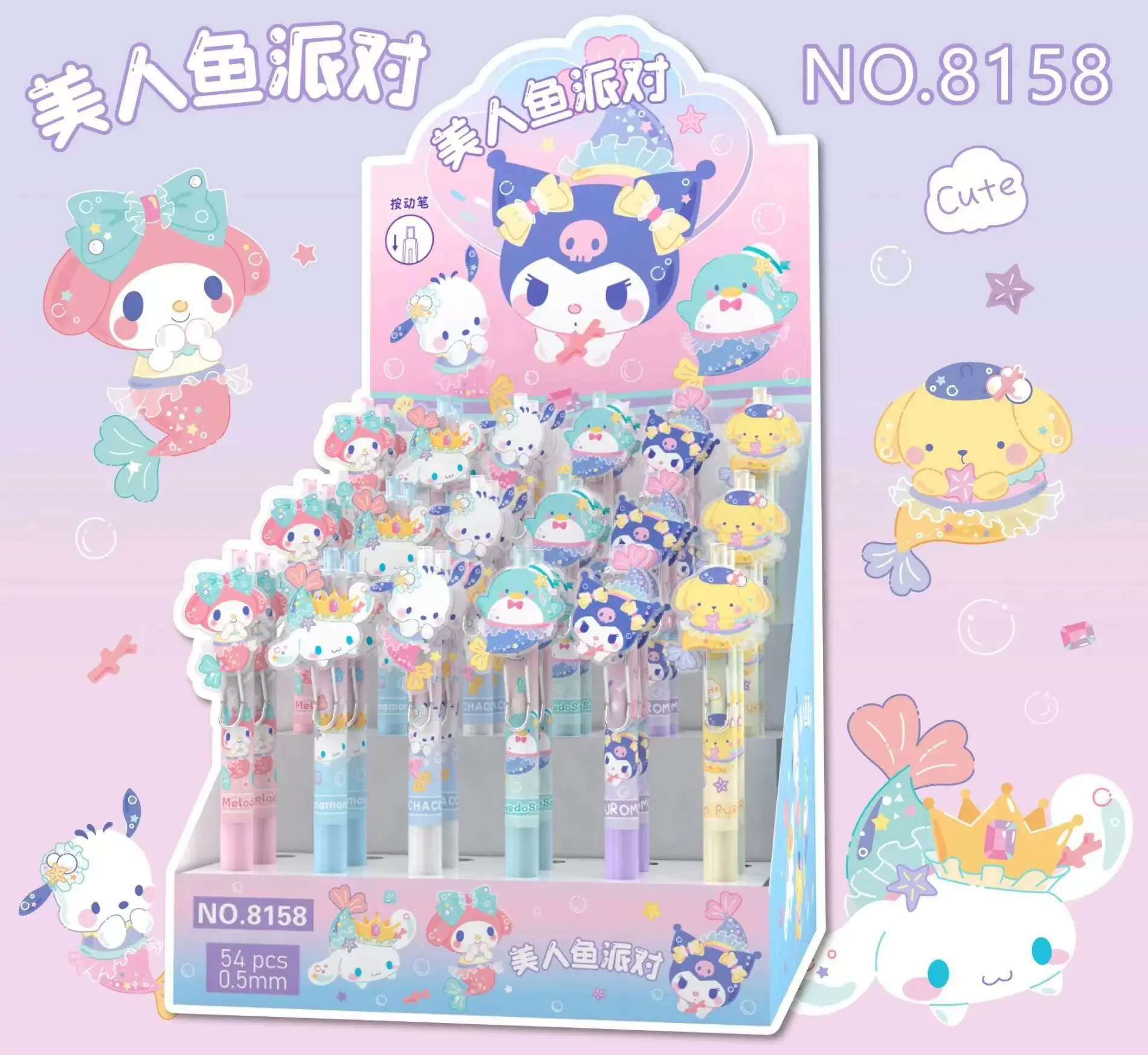 6Pcs/Set Mermaid Party Sanrio Cute 0.5mm Cartoon Acrylic Gel Pen Mymelody Kuromi Cinnamoroll hangyodon Press Pen kids gift