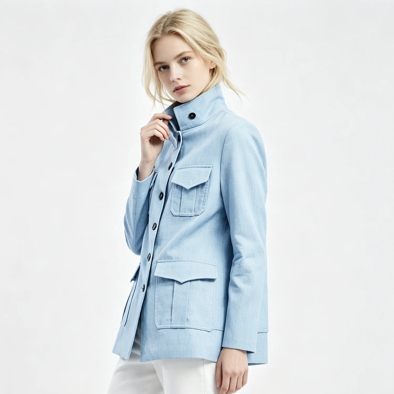 PUAL  Women Linen Safari Jacket 2026 Stand Neck Multi Pocket Button Down Light Blue Casual Outerwear