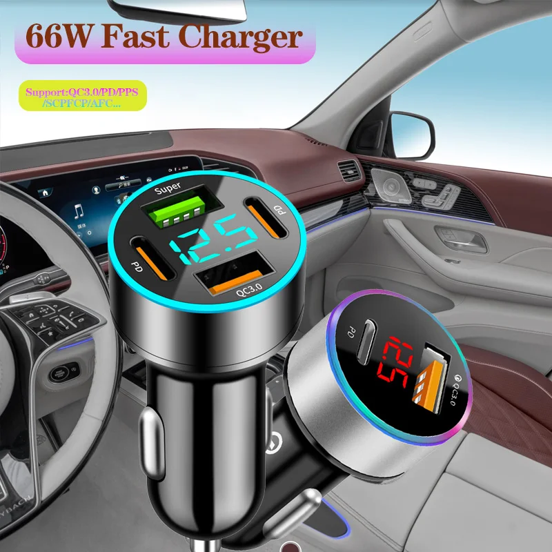 66W 4Port USB Digital Real-time Voltage car charger QC3.0 car Super Fast charger for Phones Car cigarette lighter adapter