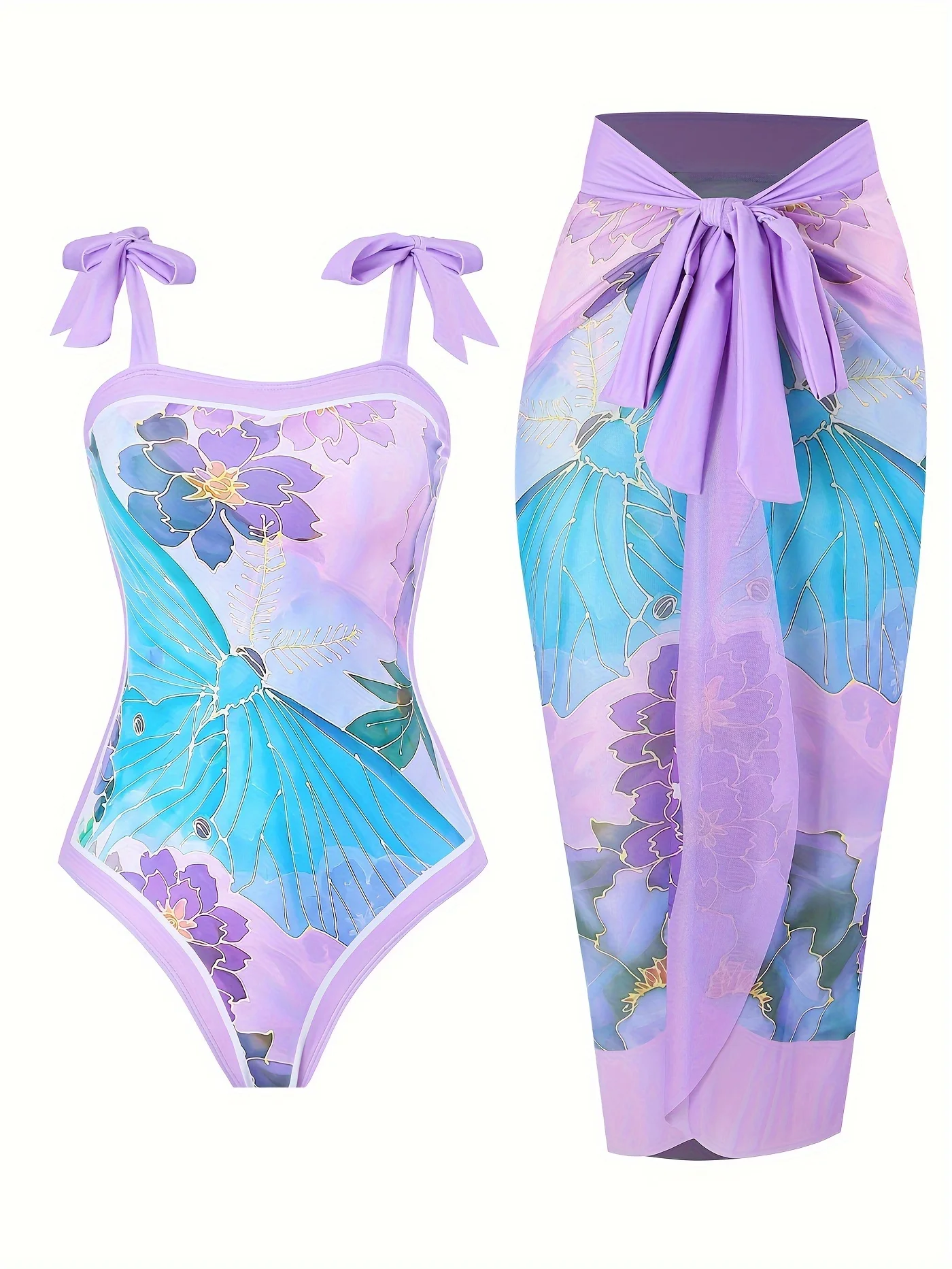 

Women's One-Piece Swimsuit Set, Digitally Printed Purple Butterfly Design, Popular Style, One-Piece with Half-Length Mesh Skirt, Wrap Skirt with Tie