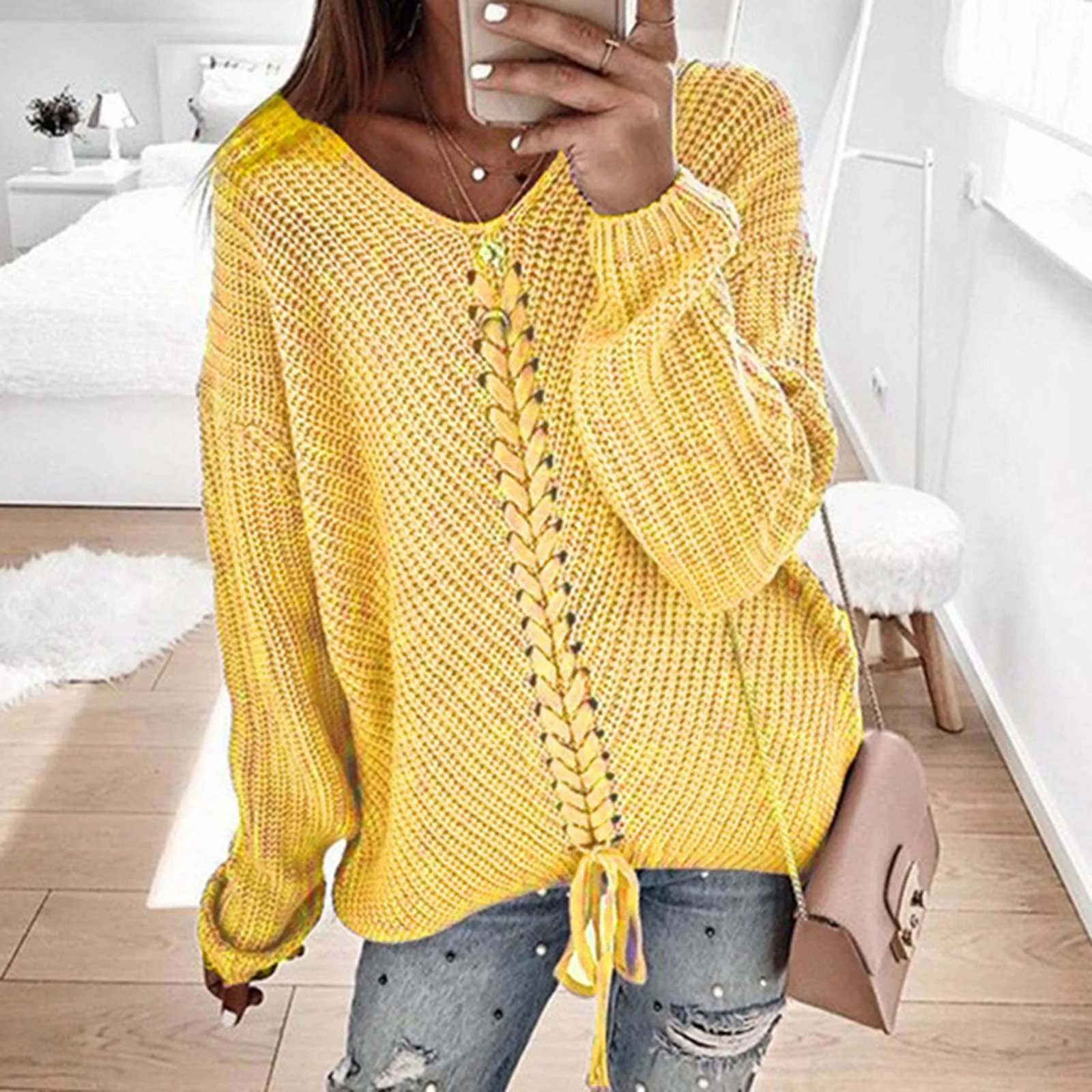 Elegant Warm Jumpers Sweaters Pullovers Tops Sweaters Autumn Winter Women Oversize Lace Up V-Neck Knit Loose Tops Pullover