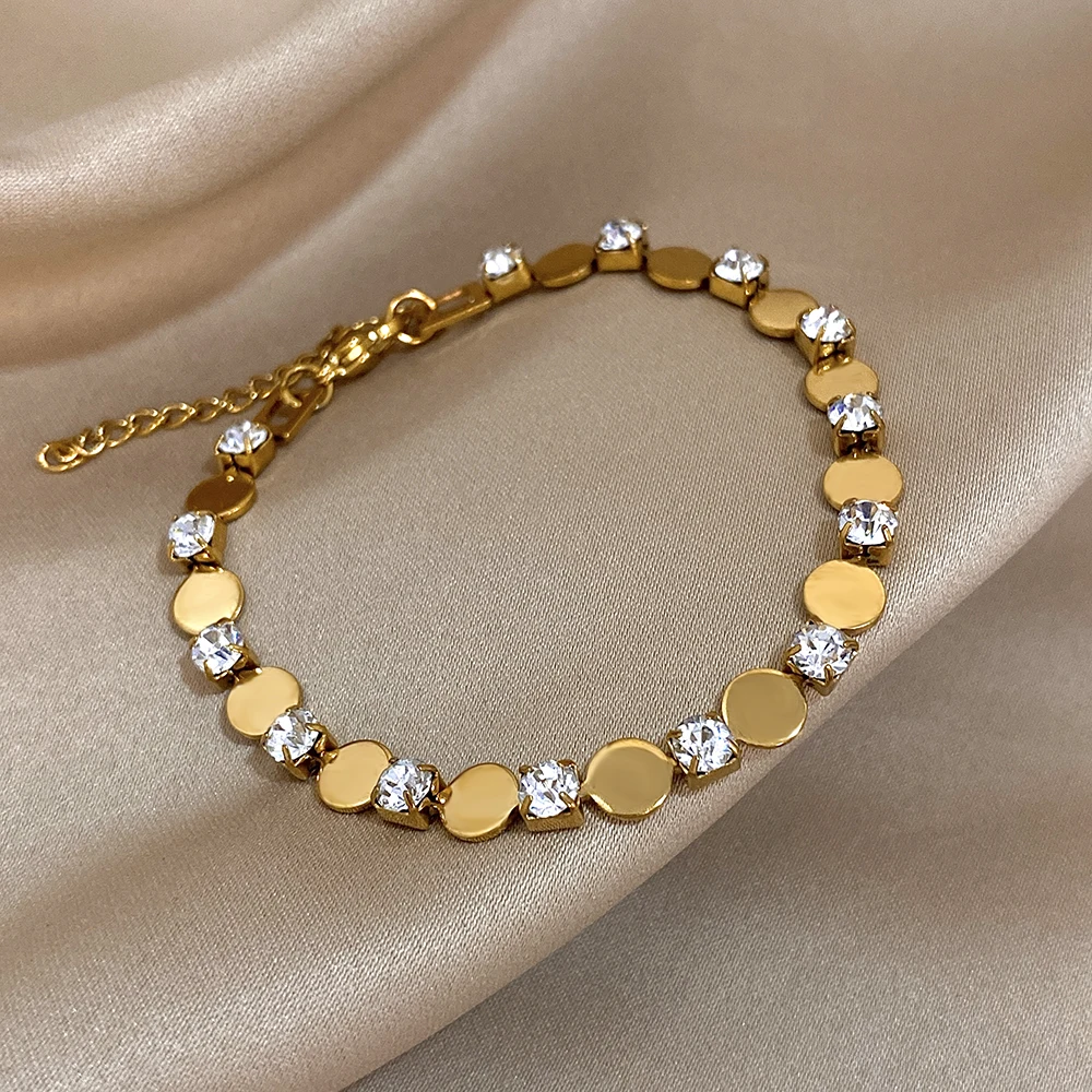 Greatera Women\'s Cubic Zircon Filled Bangle Gold Color Round Geometry Stainless Steel Simpl Bead Spacing Drill Bracelet Jewelry