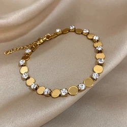 Greatera Women's Cubic Zircon Filled Bangle Gold Color Round Geometry Stainless Steel Simpl Bead Spacing Drill Bracelet Jewelry