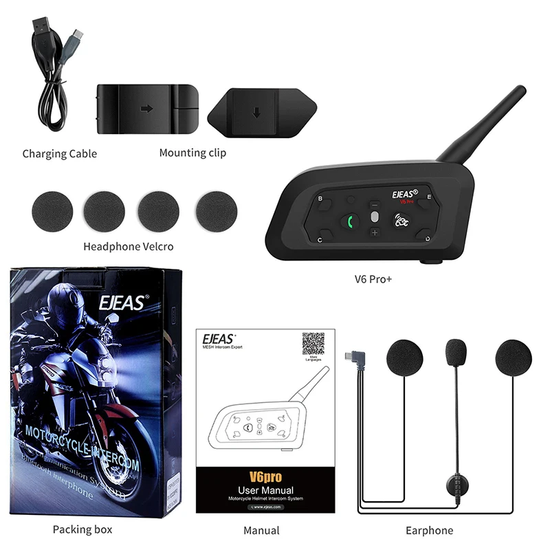 EJEAS V6 PRO for 6 Riders with Bluetooth Motorcycle Headset+1200M BT Interphone Waterproof Helmet Intercom Communicator