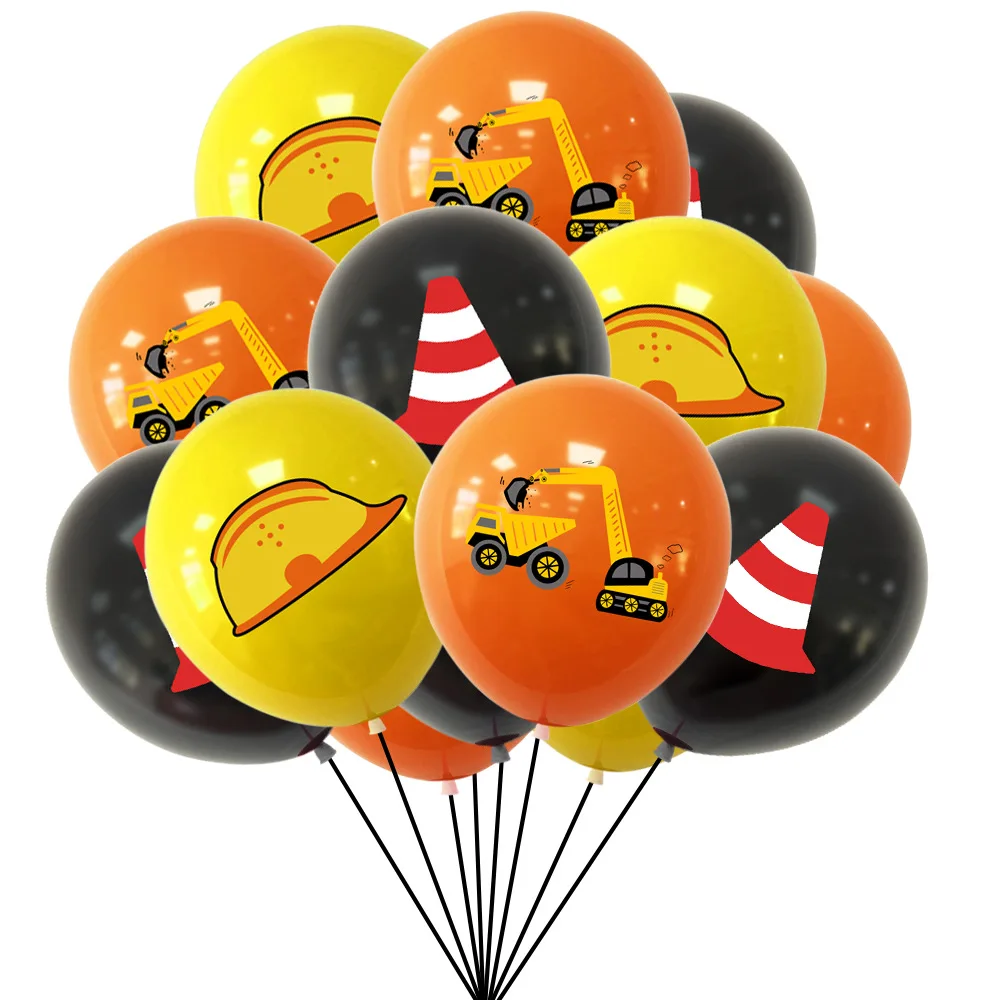 18pcs New Engineering Vehicle Theme 12 Inch Latex Balloons Excavator Helmet Printed Balloon Birthday Party Decoration Supplies