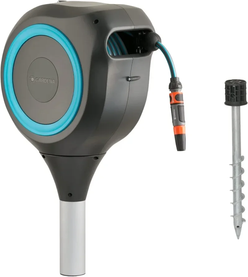 Gardena 66 Foot Auto Retractable Hose Reel on Metal Spike, Feet, Standard, Turquoise, 18614-20