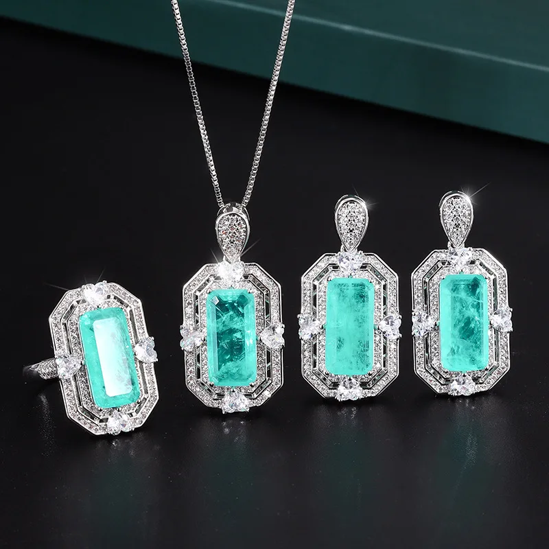 

Jewelry Copper Gold-Plated Paraiba Ring Necklace Set Creative Full Diamond Luxury Inlaid 8*16