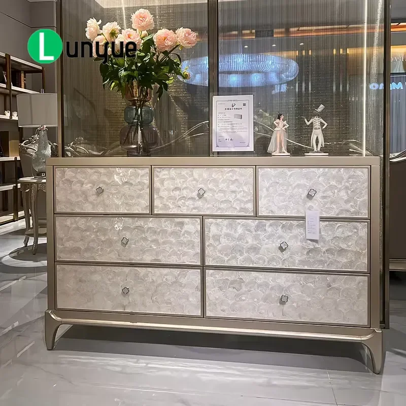 Custom Luxury Mother of Pearl Inlay Solid Wood Dresser Sideboard for Bedroom Living Room Storage Furniture Elegant Home Decor