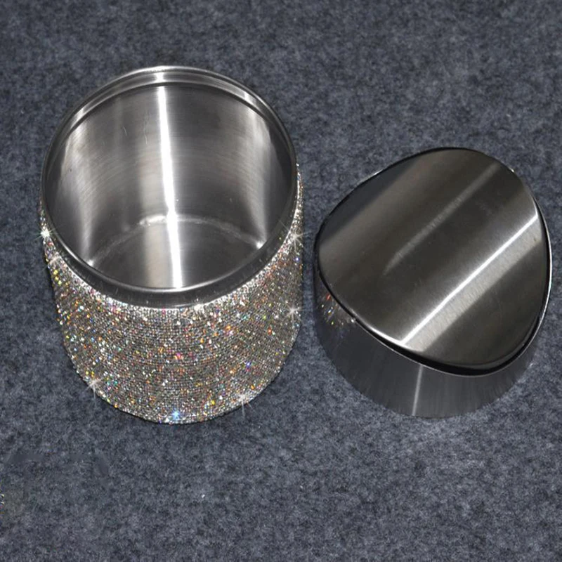 Imagem -06 - Bling Rhinestone Desktop Snack Trash Can Mini Lixeira Diamond Metal Lid Balde de Lixo de Mesa do Carro Decoração de Casa