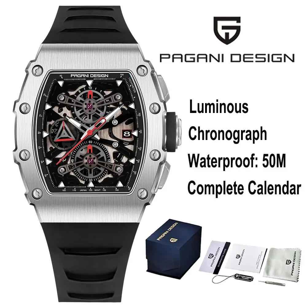 PAGANI تصميم الهيكل العظمي ساعات كوارتز VH88 الياقوت الزجاج 50 متر مقاوم للماء ساعة من الفولاذ المقاوم للصدأ للرجال reloj hombre PDYS011